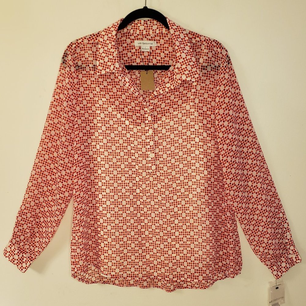 (NWT) Liz Claiborne Paris Red Multi Long Sleeve Blouse.  Sheer with cami.  L.